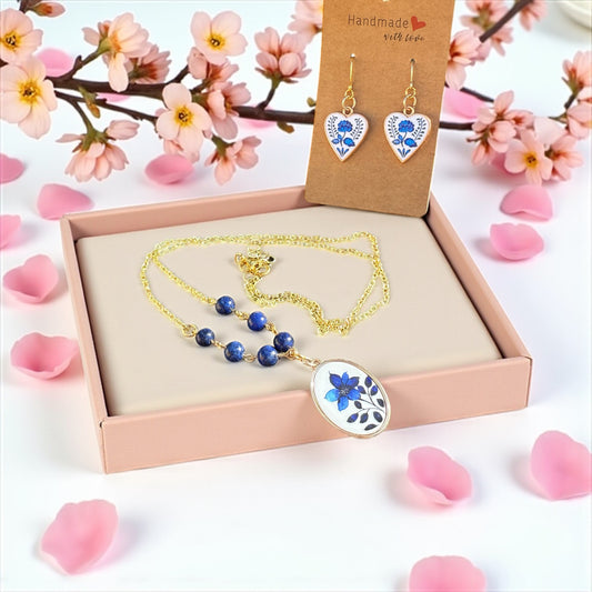 💙 Bohemian Blue Blossom– Hand-Painted Heart Earrings & Lapis Floral Pendant Necklace