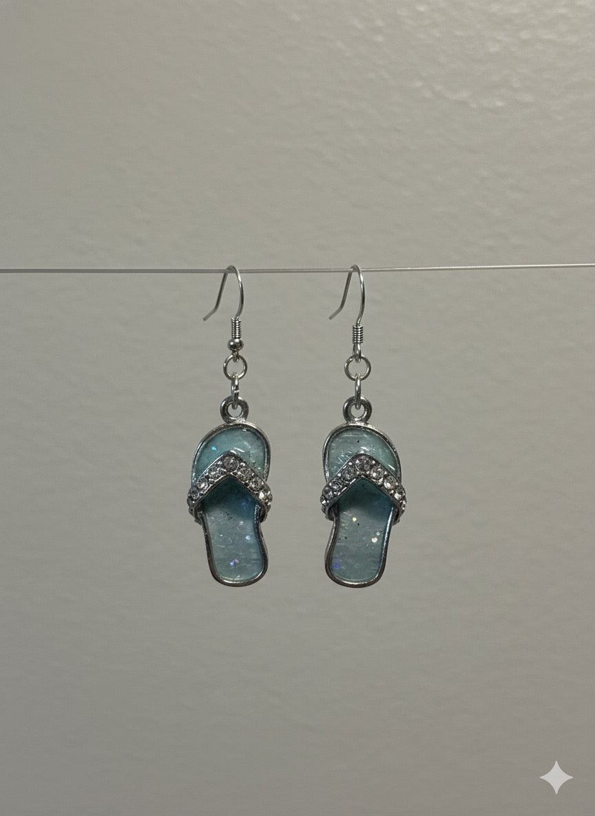 Flip-Flop Earrings | Aqua Resin & Crystal Sandal Dangles | Beach Vacation Jewelry 🩴🌊✨