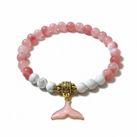 Pink Agate & Howlite Bracelet with Whale Tail Charm