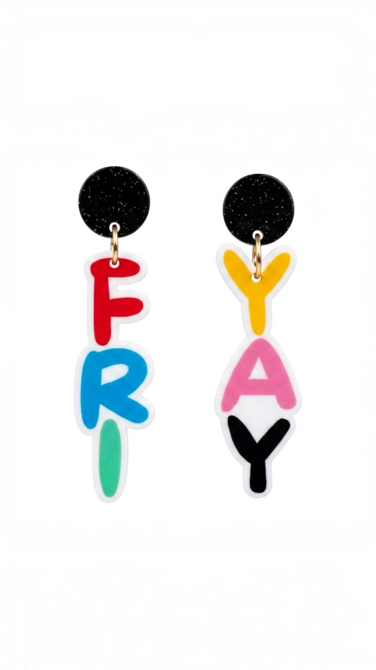 Fri-Yay acrylic earrings with vertical FRI and YAY bubble letters, black glitter stud