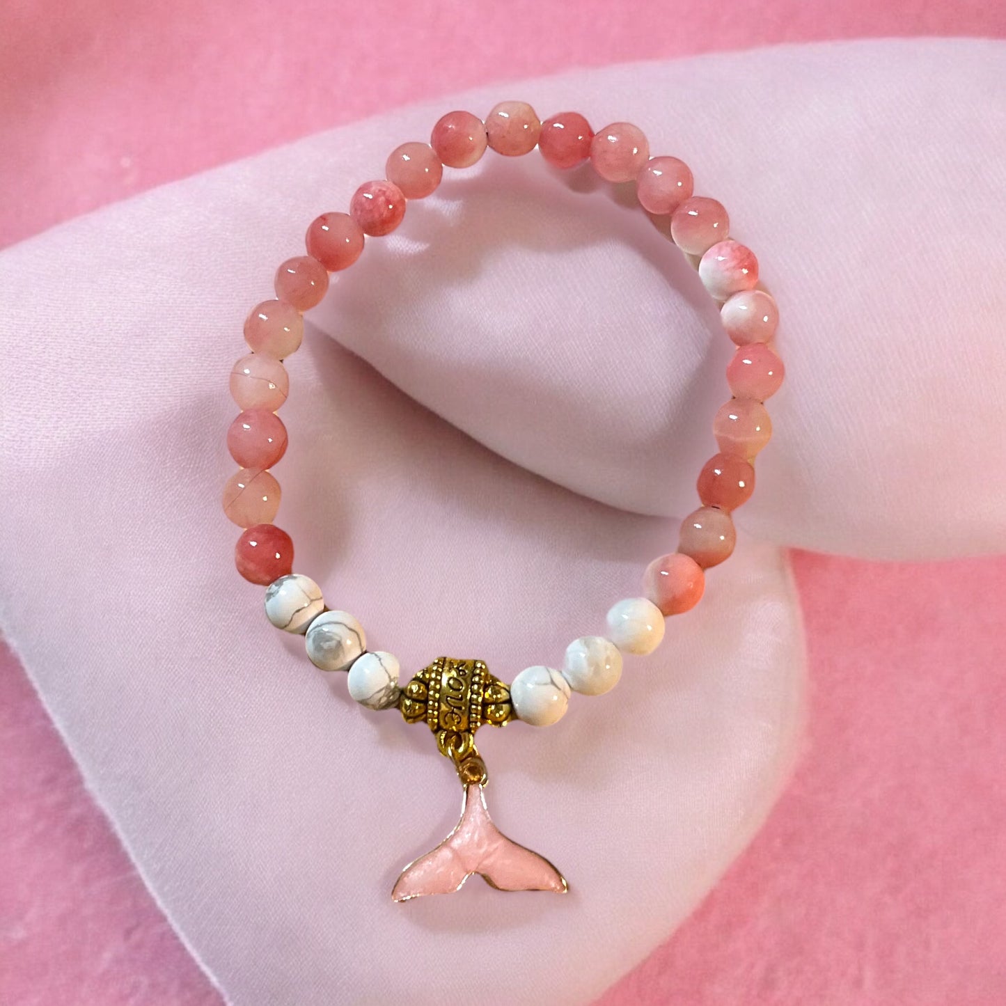 "Mermaid Dreams" – Pink Agate & Howlite Bracelet with Whale Tail Charm