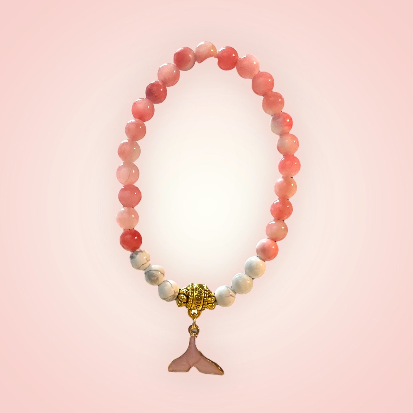 "Mermaid Dreams" – Pink Agate & Howlite Bracelet with Whale Tail Charm
