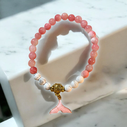 "Mermaid Dreams" – Pink Agate & Howlite Bracelet with Whale Tail Charm