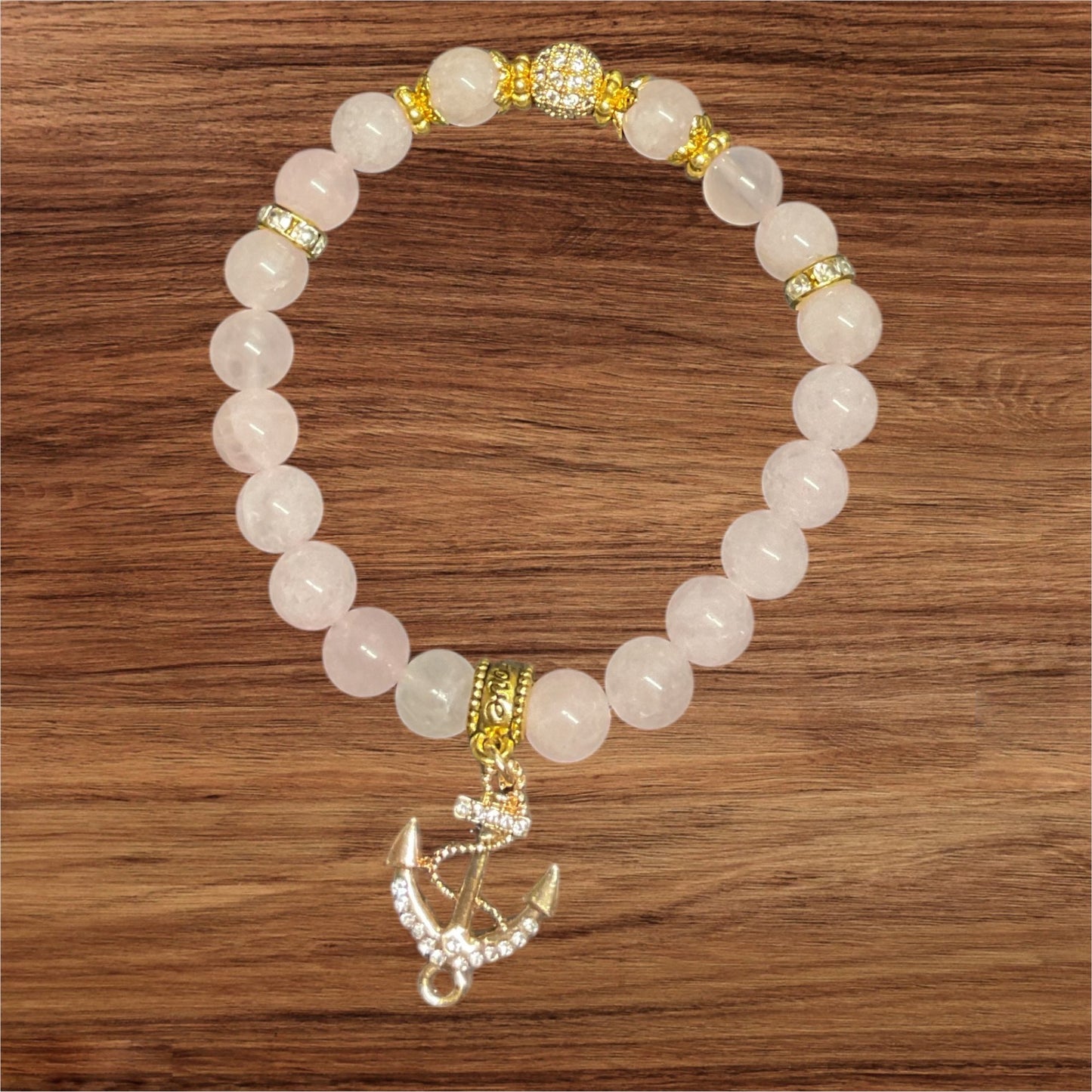 Anchored in Love- Rose Quartz Bracelet & Necklace Set with Gold Crystal Anchor Charms