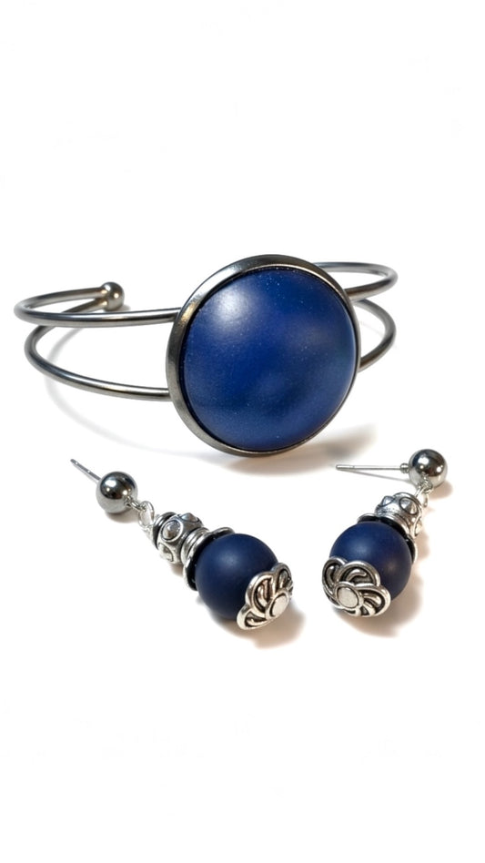 Cuff & Dangle Set – Navy, Moonstone, Onyx, Pink & Brown | Stainless Steel Statement Bracelet & Earrings