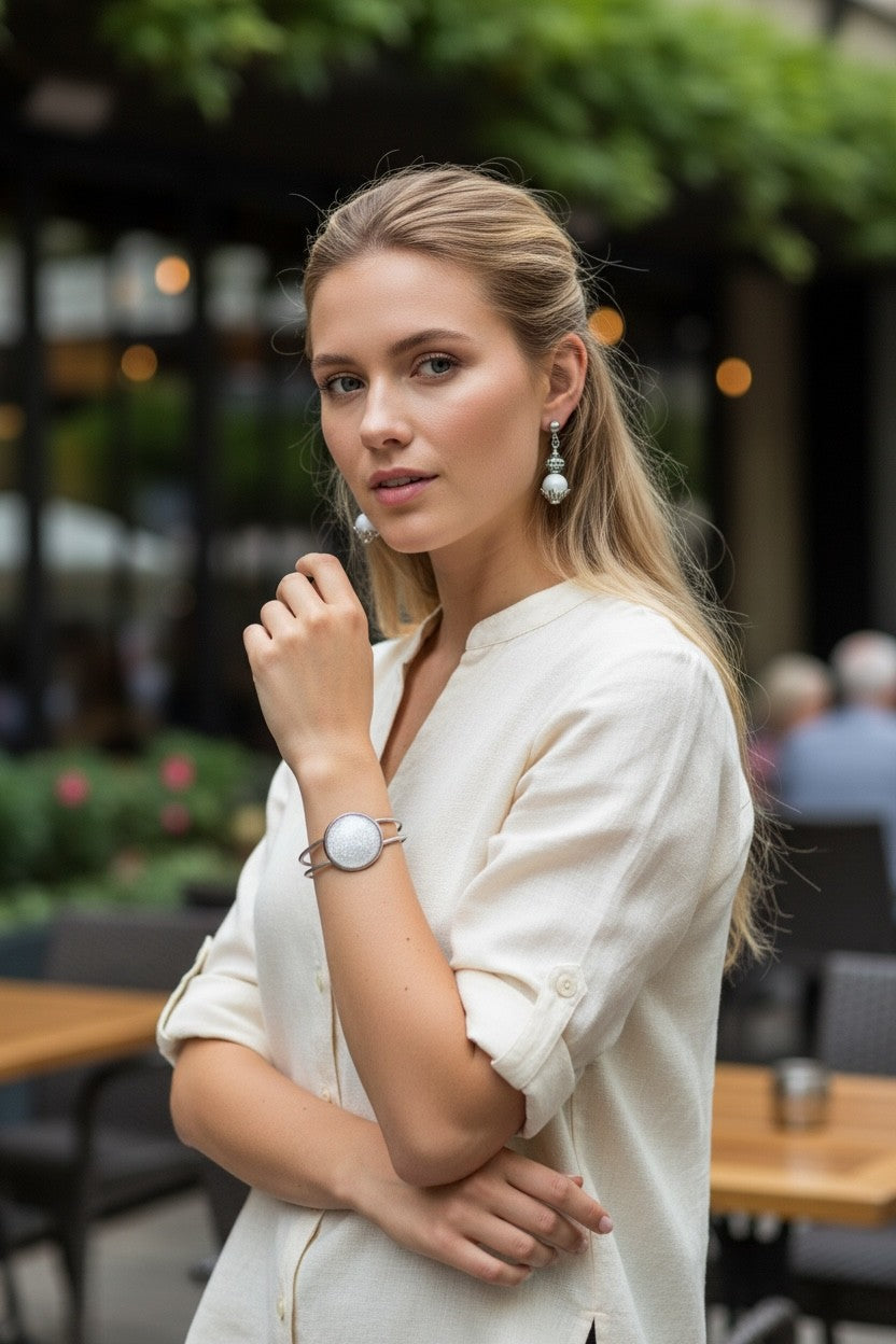 Cuff & Dangle Set – Navy, Moonstone, Onyx, Pink & Brown | Stainless Steel Statement Bracelet & Earrings