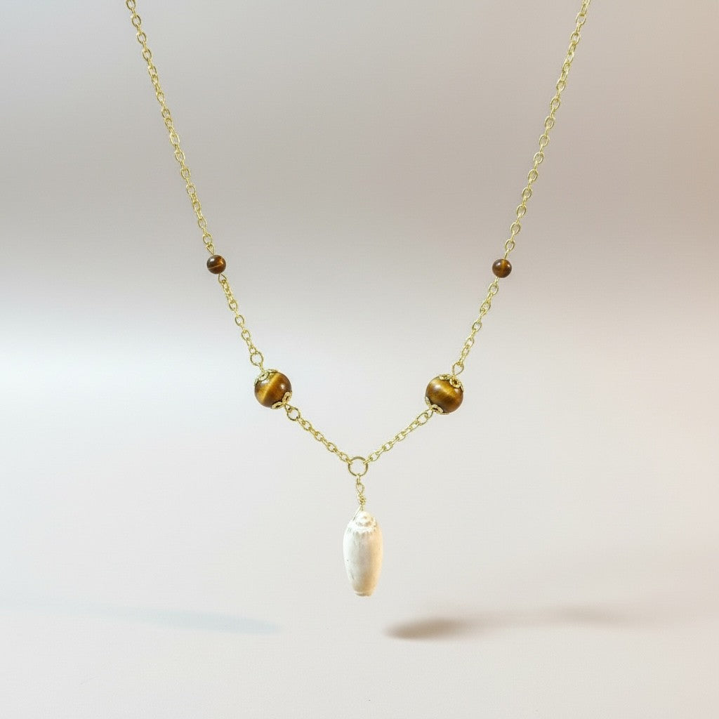 Olive Shell Necklace with Tiger’s Eye Accents