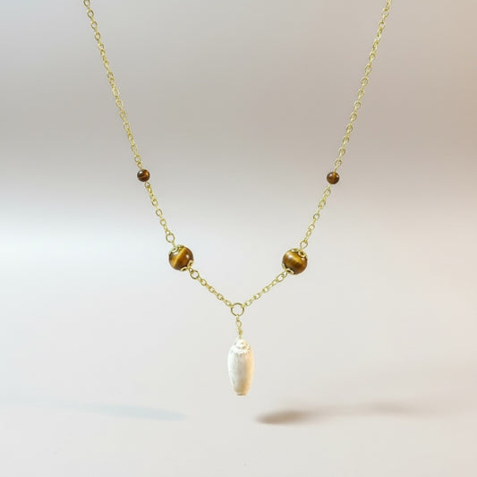 Olive Shell Necklace with Tiger’s Eye Accents