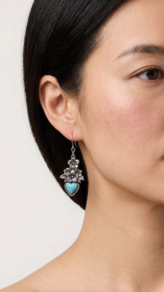 Turquoise Blossoms – Floral & Heart Charm Earrings