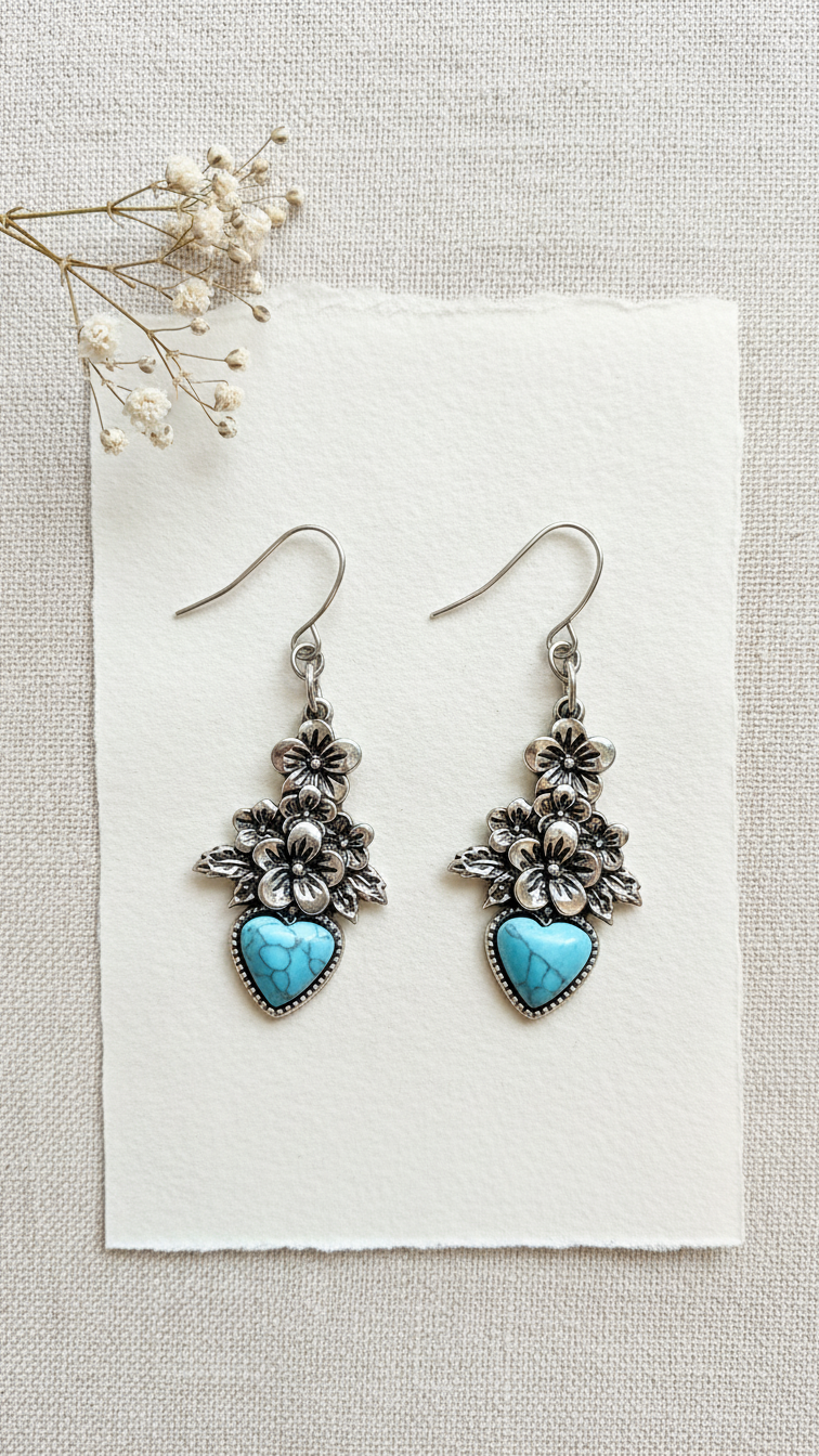 Turquoise Blossoms – Floral & Heart Charm Earrings